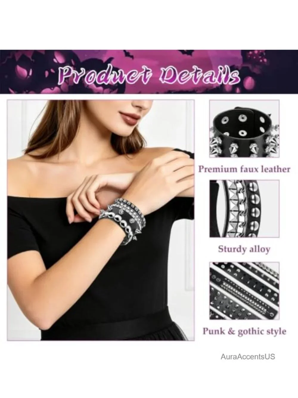 Punk Studded Leather Cuff Bracelets - Adjustable Gothic Spike Wristband Set